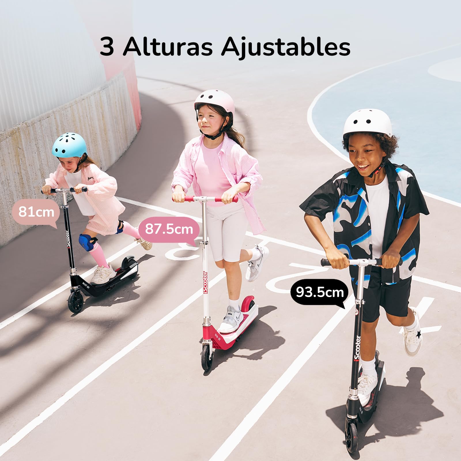 iScooter - Patinete eléctrico Infantil de 6 a 10 años, 2 velocidades, 10/15 km/h, Rueda Delantera Luminosa y LED, Multicolor, Altura Ajustable en 3 Niveles, Carga máxima: 50 kg
