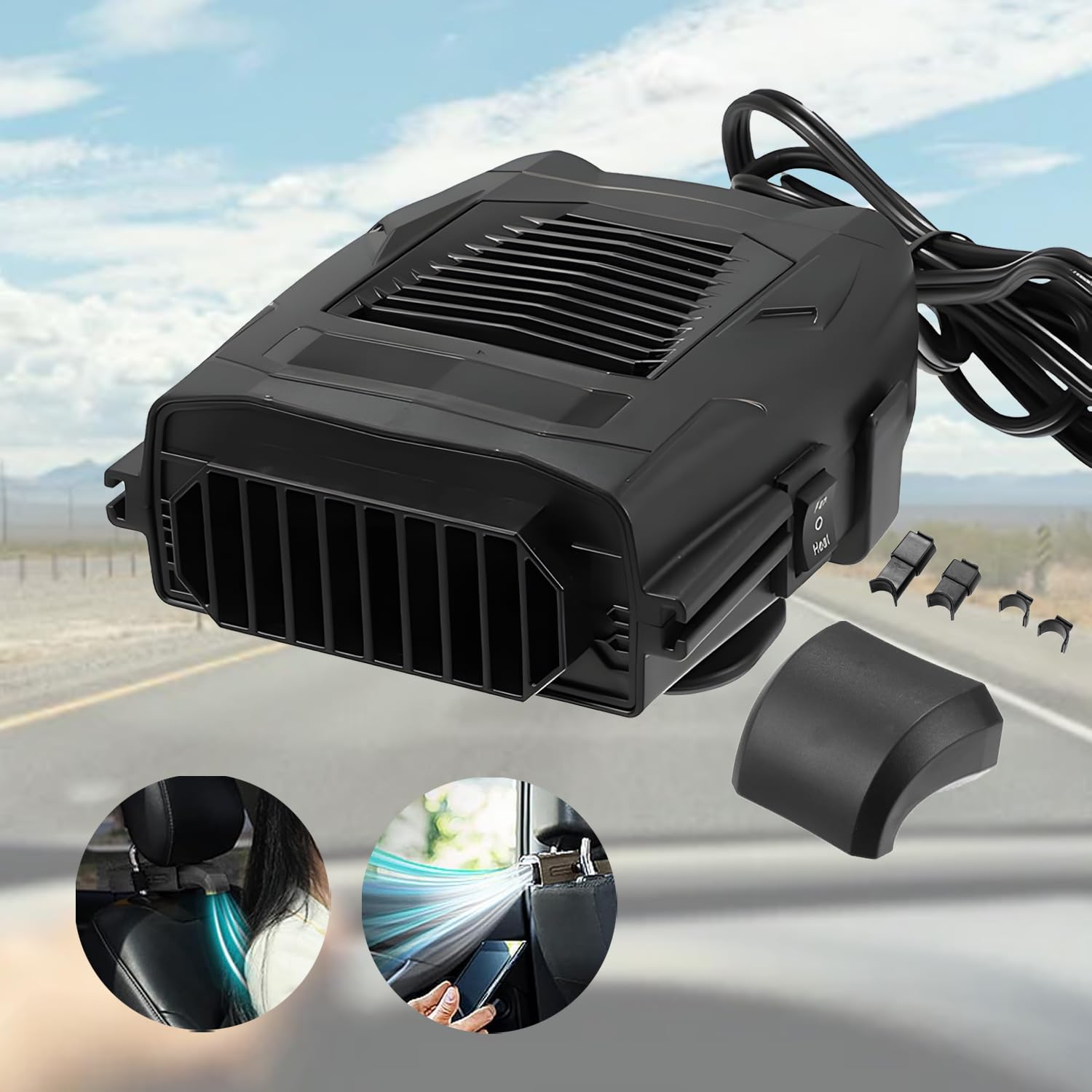 Chauffage de voiture portable 12 V avec prise allume-cigare, fonction de chauffage et de refroidissement rapide 2 en 1, rotation à 360 °, ventilateur de chauffage de voiture, dégivrage de