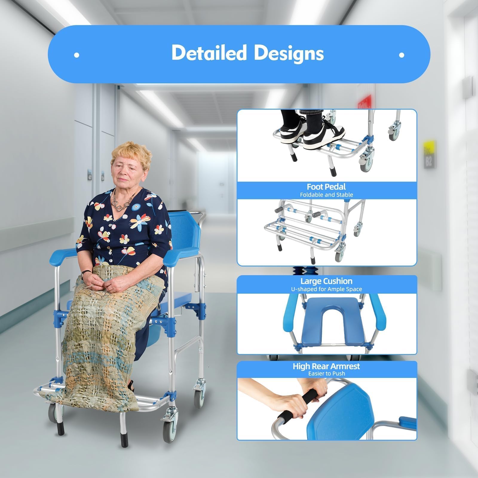 Shower Chair with Wheels, Folding Shower Wheel, Commode Chair, Transport Chair, 360° Rolling Bath Chair for Handicap, Elderly & Injured, Shower Commode Wheelchair