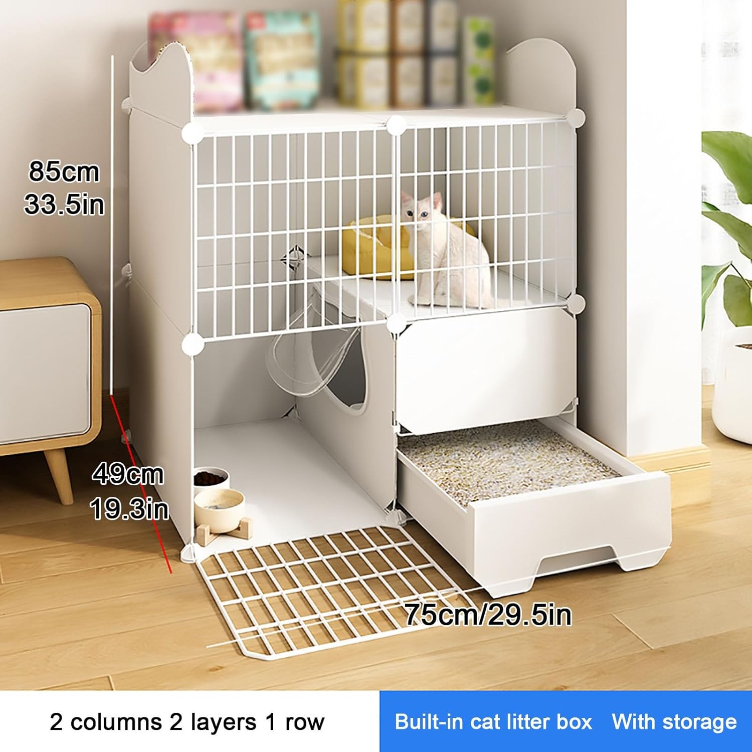 DIY 2/3 Tier Cat Cages, for Home Use Indoor Cat Cages Enclosures, with Litter Box, Storage Rack, Easy to Assemble, Detachable, White (Size : 75x49x85)