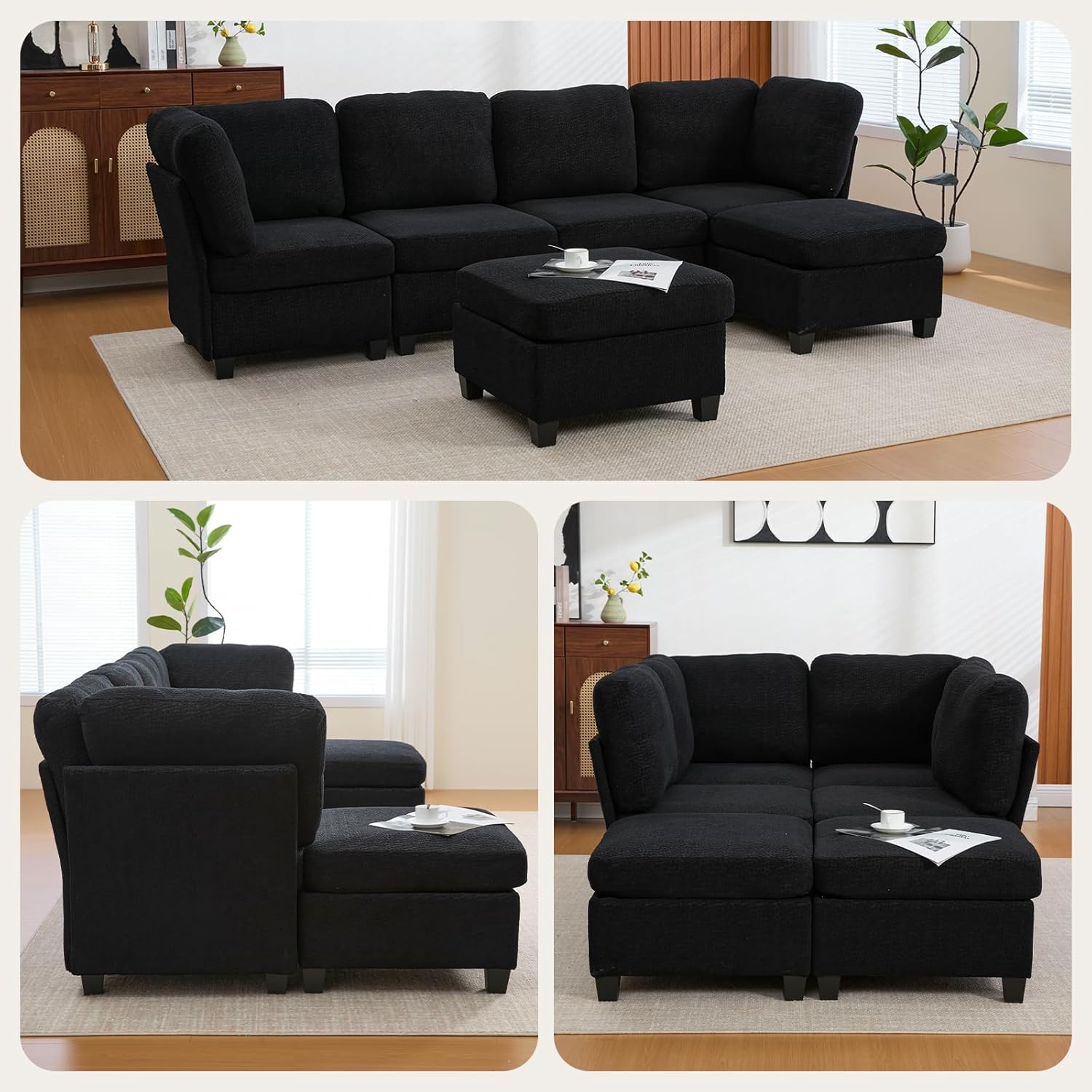 113.39" Modular Sectional Sofa, 6 Seaters Sectional Sleeper Sofa, U Shaped Couch, Comfy Convertible Couches with Ottomans, Oversized Modular Sofa with Large Storage for Living Room (Black)