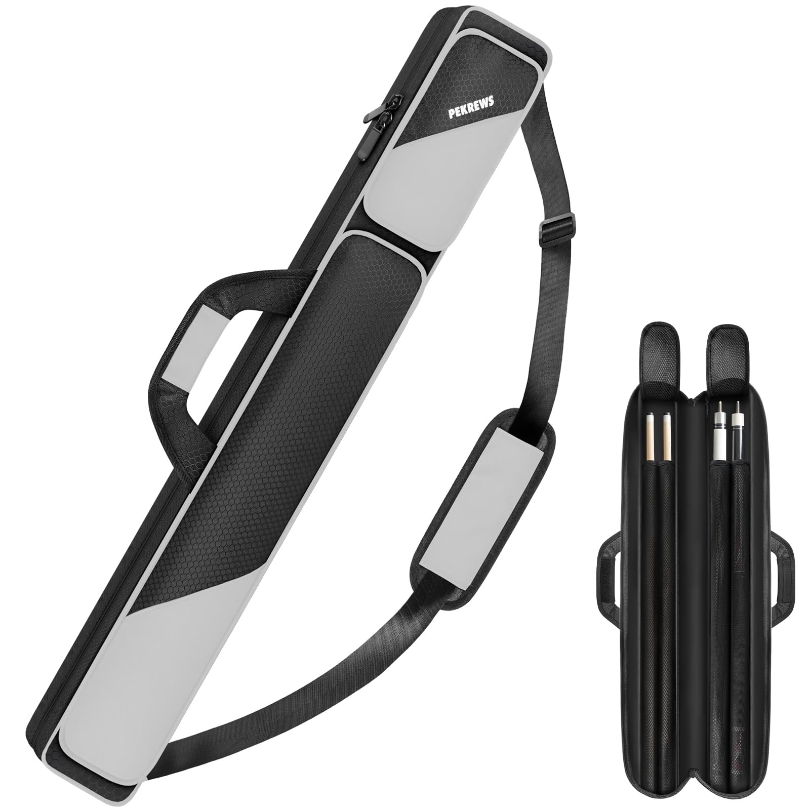 PEKREWS Tasche für Billardqueue 2 x 2 für 2 Queues mit 2 Reißverschlusstaschen für Zubehör, robust, Polyester, mit Schultergurt und Tragegriff, weich, für Damen und Herren