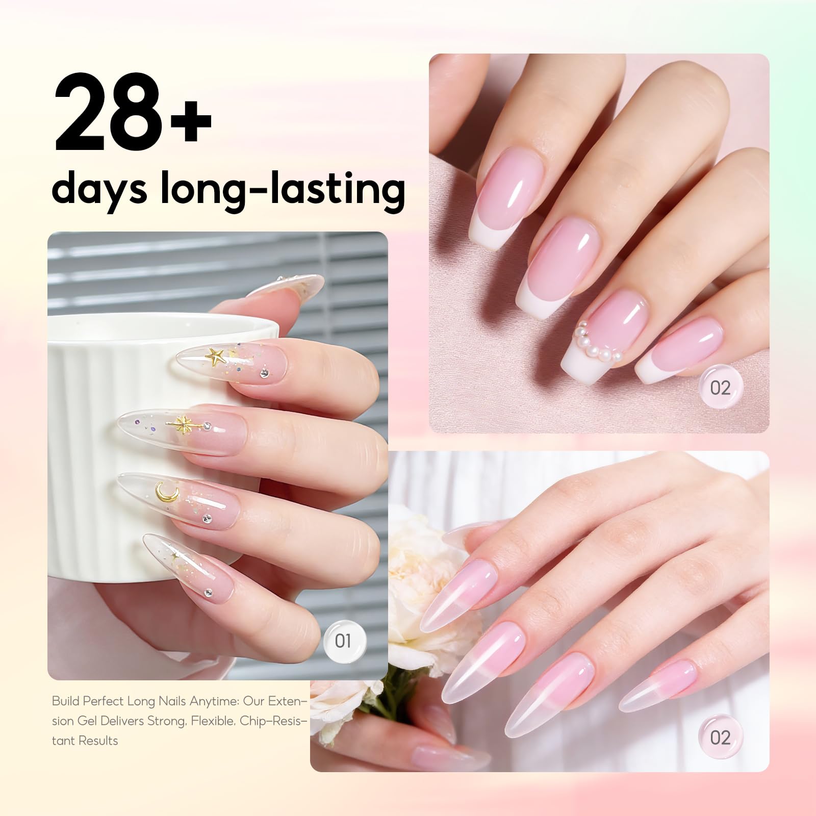 COSCELIA Poly Nail Ongle Gel Kit UV Complet, 4 Couleurs Poly Extension Gel Art Set avec Lampe, Base & Top Coat et Faux Ongles 10ml Slip Solution, DIY Nail Art Ongles Gels Kit pour Débutant