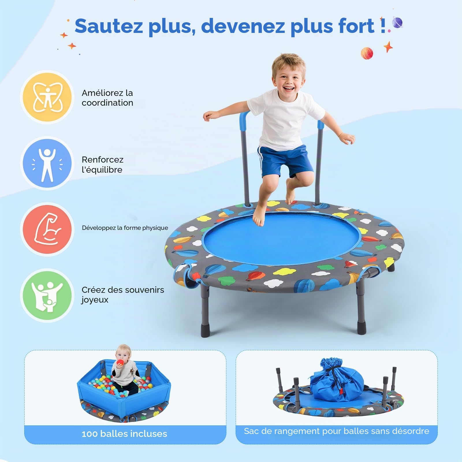 Trampoline de fitness pliable de 101 cm de diamètre - Capacité de charge : 150 kg - Hauteur de main courante réglable - Entraînement d'endurance - Différents groupes de personnes