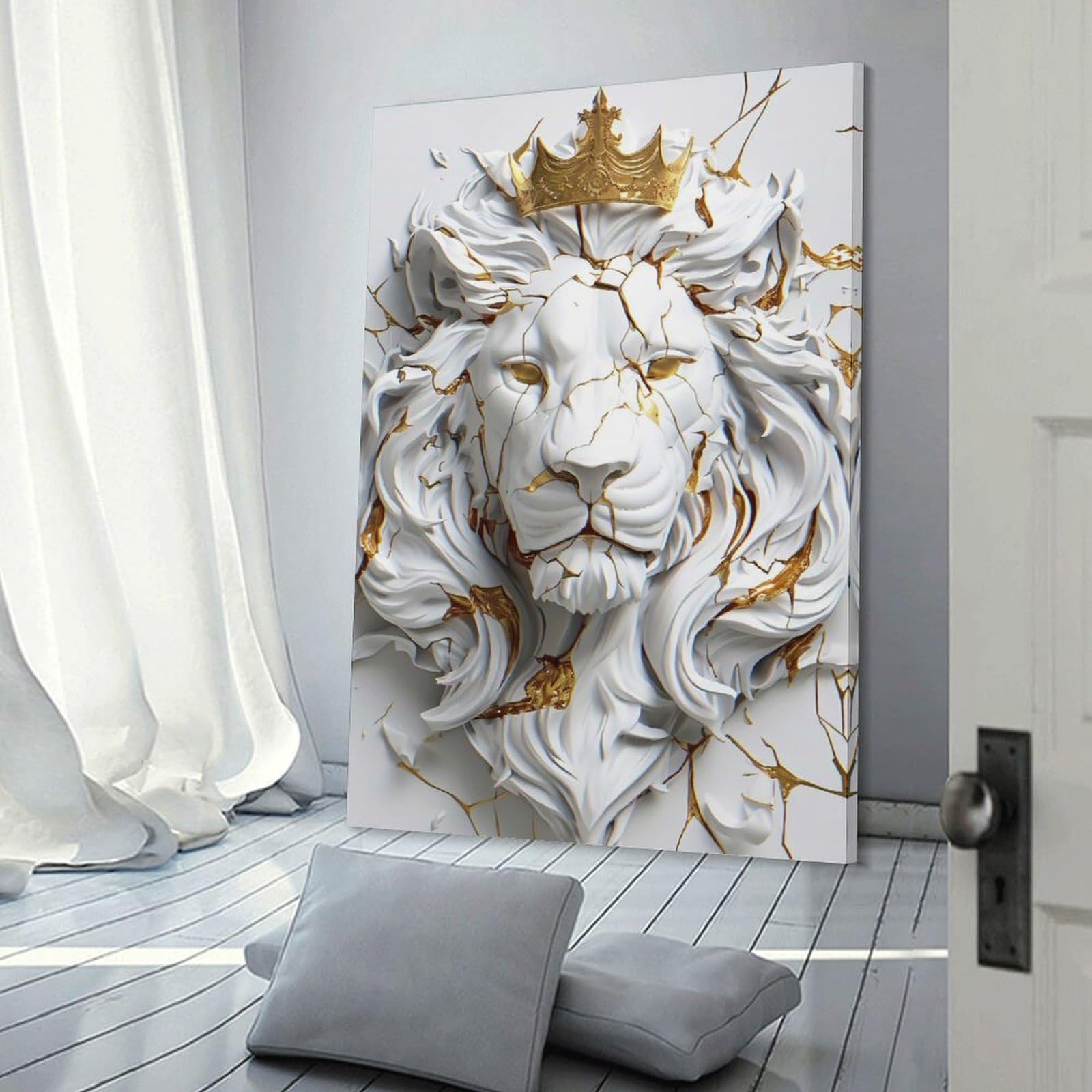 Junmoney Cracked White Lion with Gold Crown Canvas Wall Picture 20x30inch(50x75cm), for Living Room, Bedroom Or Apartment Walls, Modern Wall Decor for Cosy Interiors
