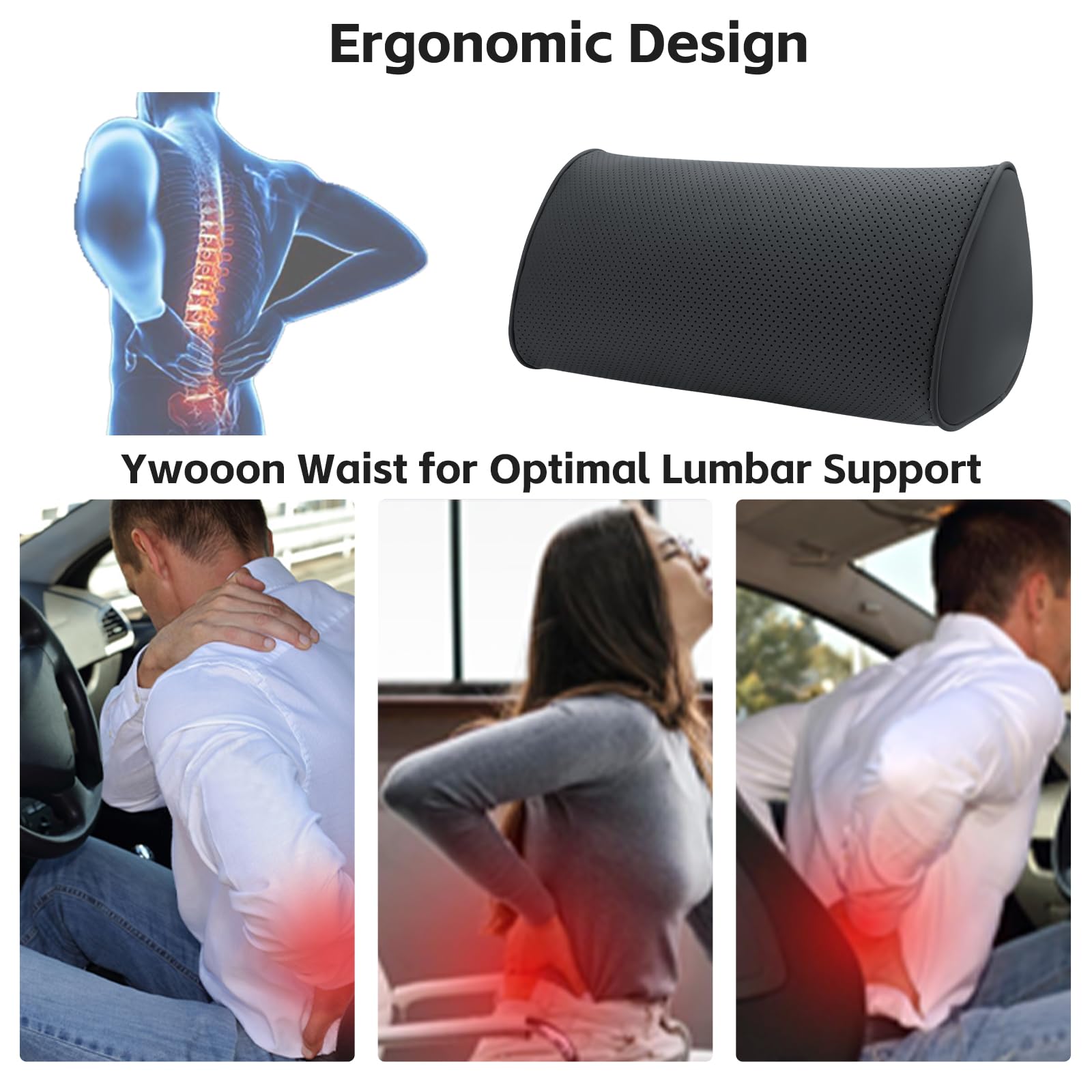 Cojín Lumbar para Coche, Respaldo Asiento Coche con Esponja Memoria, Cojin de Respaldo Lumbar para Silla Oficina y Asiento Coche, Negro