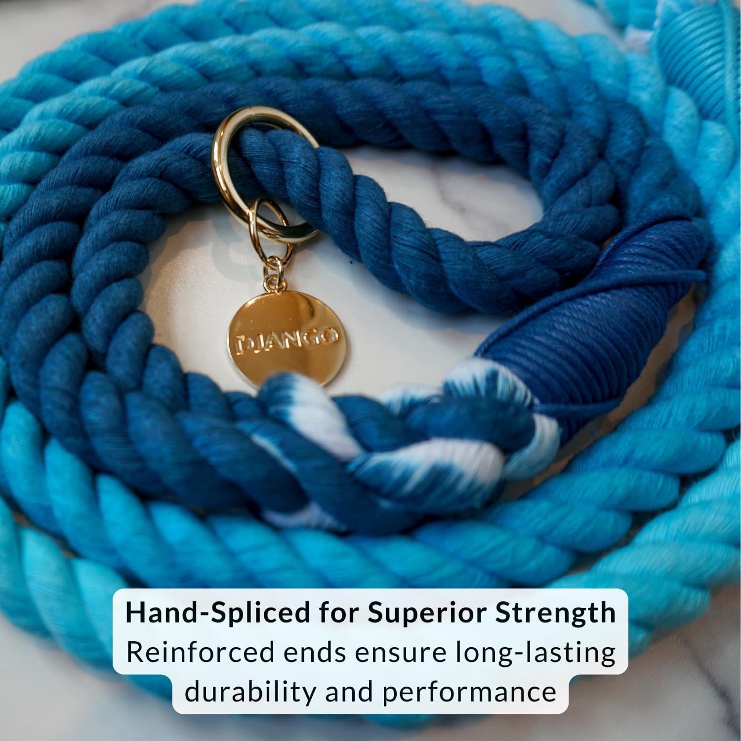 DJANGO Cotton Rope Dog Leash 5ft – Handcrafted Dog Leash and Blue Ombre Braided Leash for Small, Medium, Large Dogs – Durable 5 Foot Training Lead with Gold Hardware and Whipped Ends – Pacific Blue