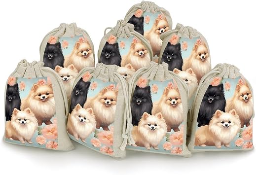 Eekstdbn 8 Pack Cotton Drawstring Bags Reusable Pomeranians Pattern Gift Bags Jewelry Pouch Muslin Bags Small Bunches Pocket Christmas Gifts Candy Bags