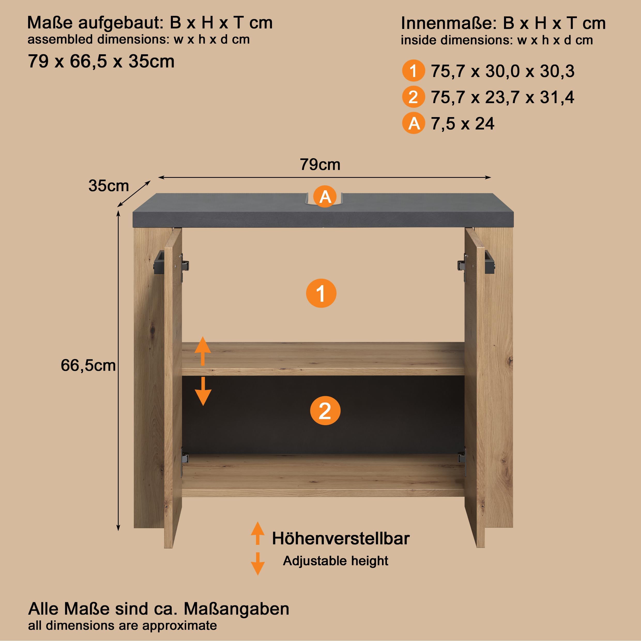 trendteam smart living - Follow - Waschbeckenunterschrank - Artisan Eiche/Matera - Waschtisch mit 2 Türen und 1 Einlegeboden - (BxHxT) 79 x 67 x 35 cm - moderne, schwarze Griffe - kratzfest