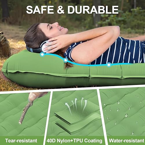 Miniatura 3 de Almohadilla de dormir doble para campamento, 6 pulgadas, extra gruesa, almohadilla de camping con almohada incorporada, inflable, impermeable,