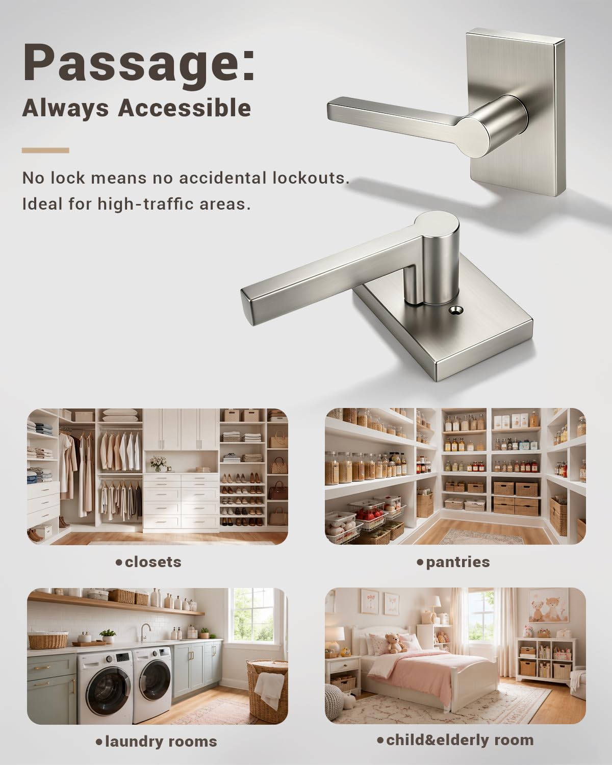 Brushed Nickel Door Knobs - Keyless Passage Handles -2