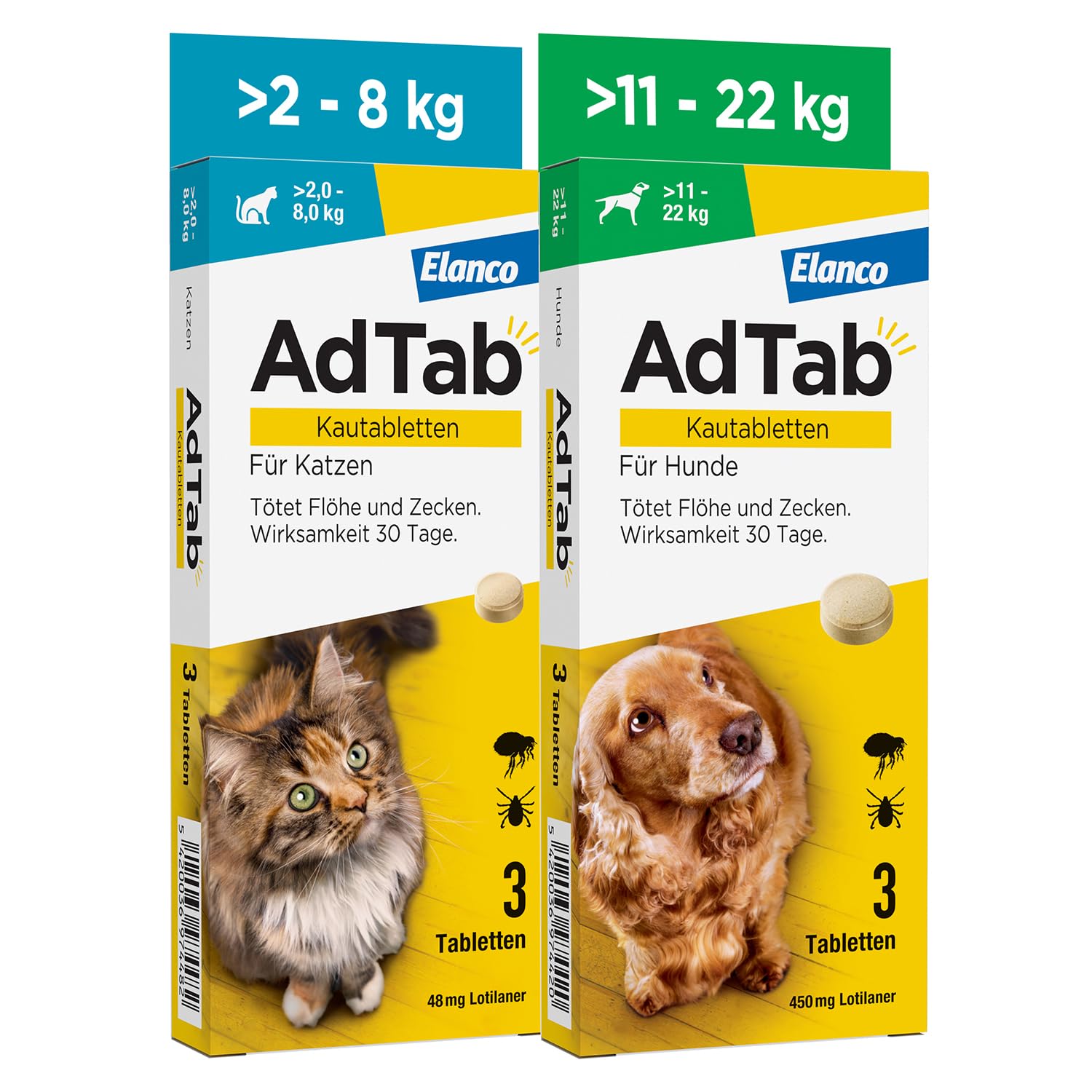 AdTab Kombi-Set: Zecken- & Flohschutz für eine Katze mit >2-8 kg und einen Hund mit >11-22, 2 Packungen mit je 3 Kautabletten, einfach zu verabreichen & schmackhaft