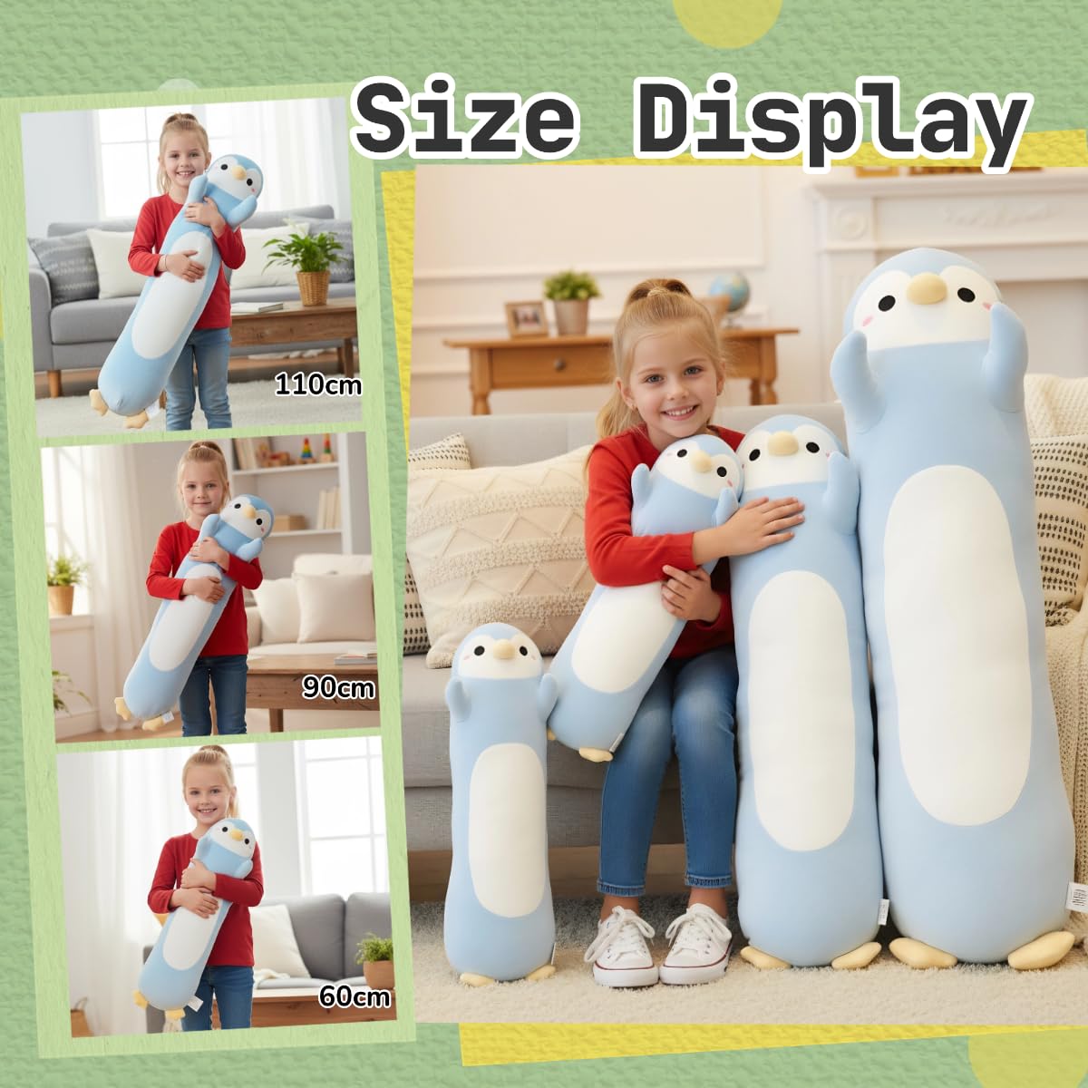 Pinguino, morbido peluche lungo pinguino da abbracciare, grande cuscino per bambini, regalo di compleanno per ragazzi e ragazze (blu chiaro, 110 cm)