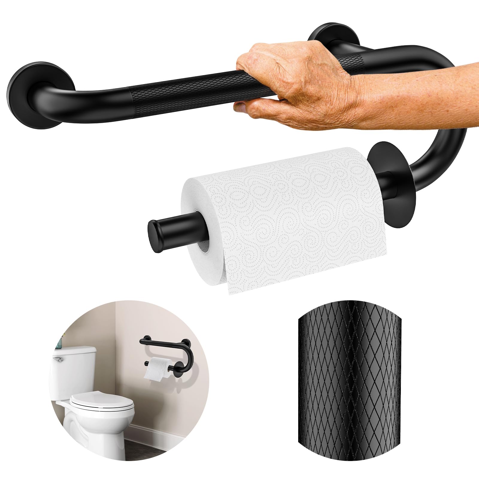 Photo 1 of ???????? Toilet Grab Bars 16 Inch - Toilet Paper Holder Grab Bar Stainless Steel Knurled Toilet Grab Bars for Seniors Bathtub Bathroom Rails for Elderly Bath Safety Balance Support, Black