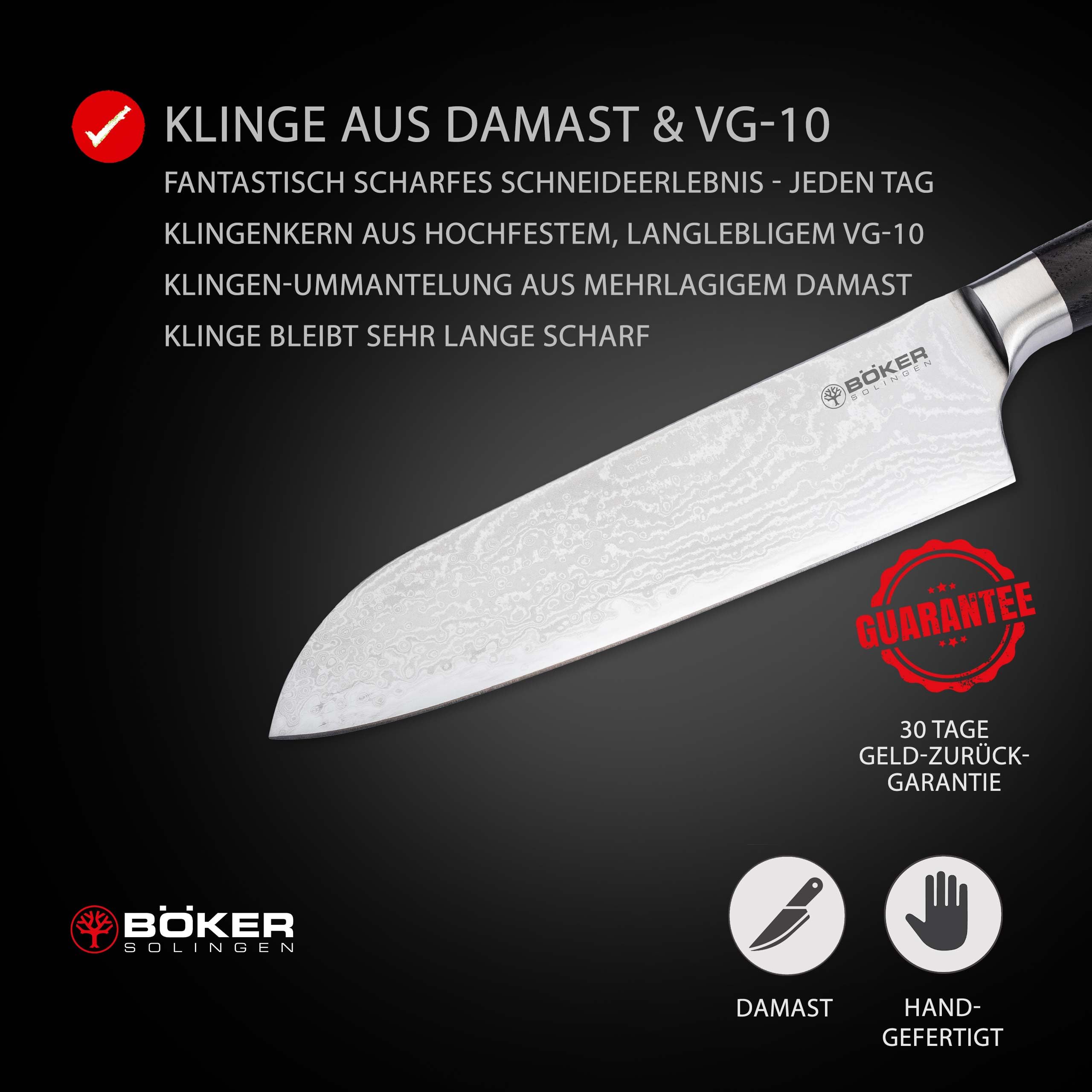 Böker SOLINGEN® Meisterklinge Damast Santoku - extrem scharfes Profi Kochmesser mit 16,5 cm Hybrid Damast Klinge - geschmiedetes Allzweck-Küchenmesser mit Räucher-Eiche Holzgriff in Geschenk-Box