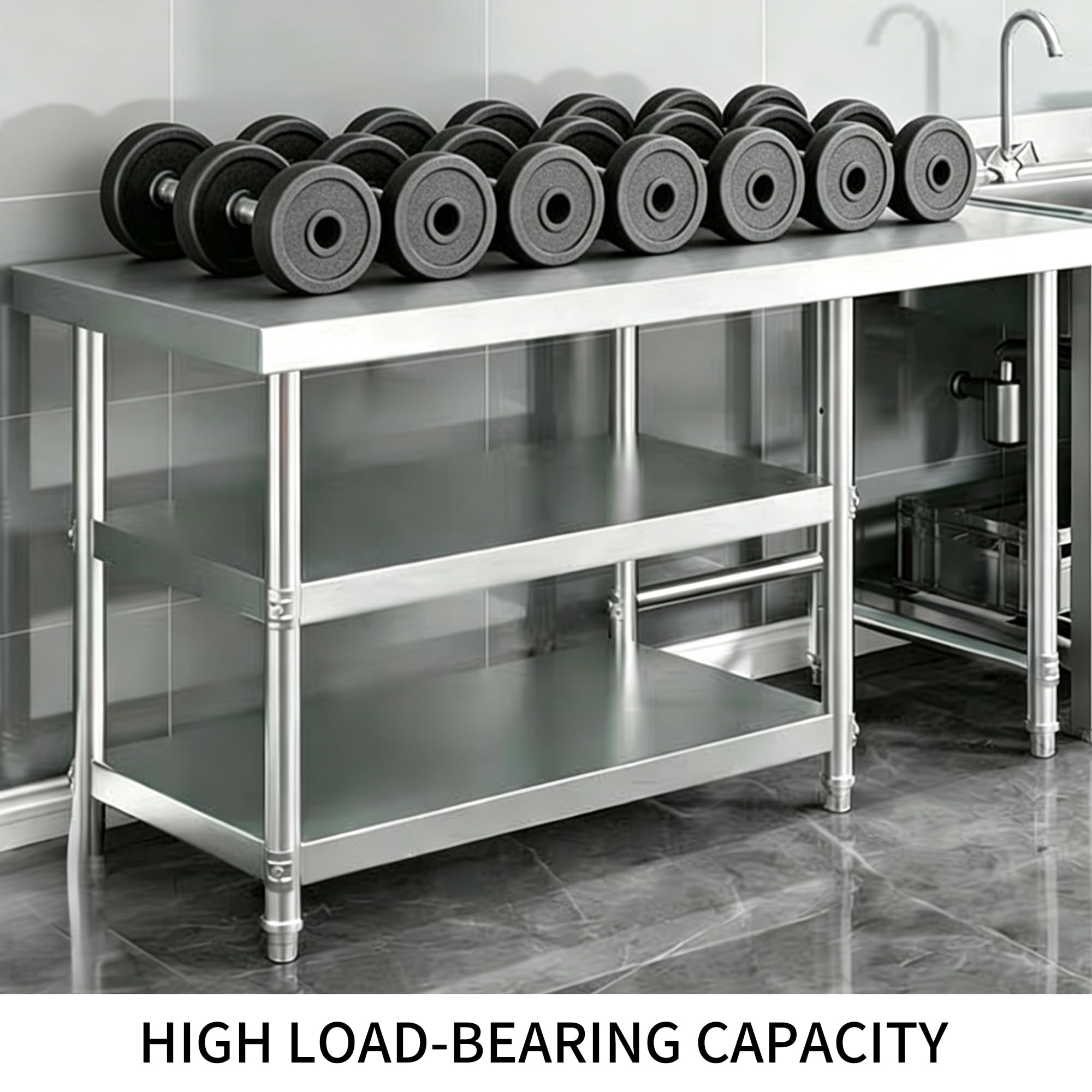 Tavolo Da Lavoro in Acciaio Inox, Tavolo Da Preparazione Commerciale A 3 Ripiani Con Ripiani Regolabili, Scaffali Acciaio Inox Banco Da Cucina Acciaio Per Cucina, Ristorante,Garage,120x50x80cm