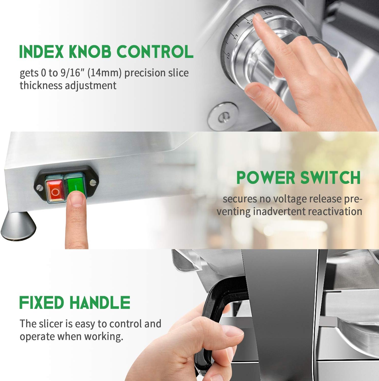 Image illustrating the versatile use of the KITMA Electric Deli Food Slicer for cheese, bread, and meat slices.