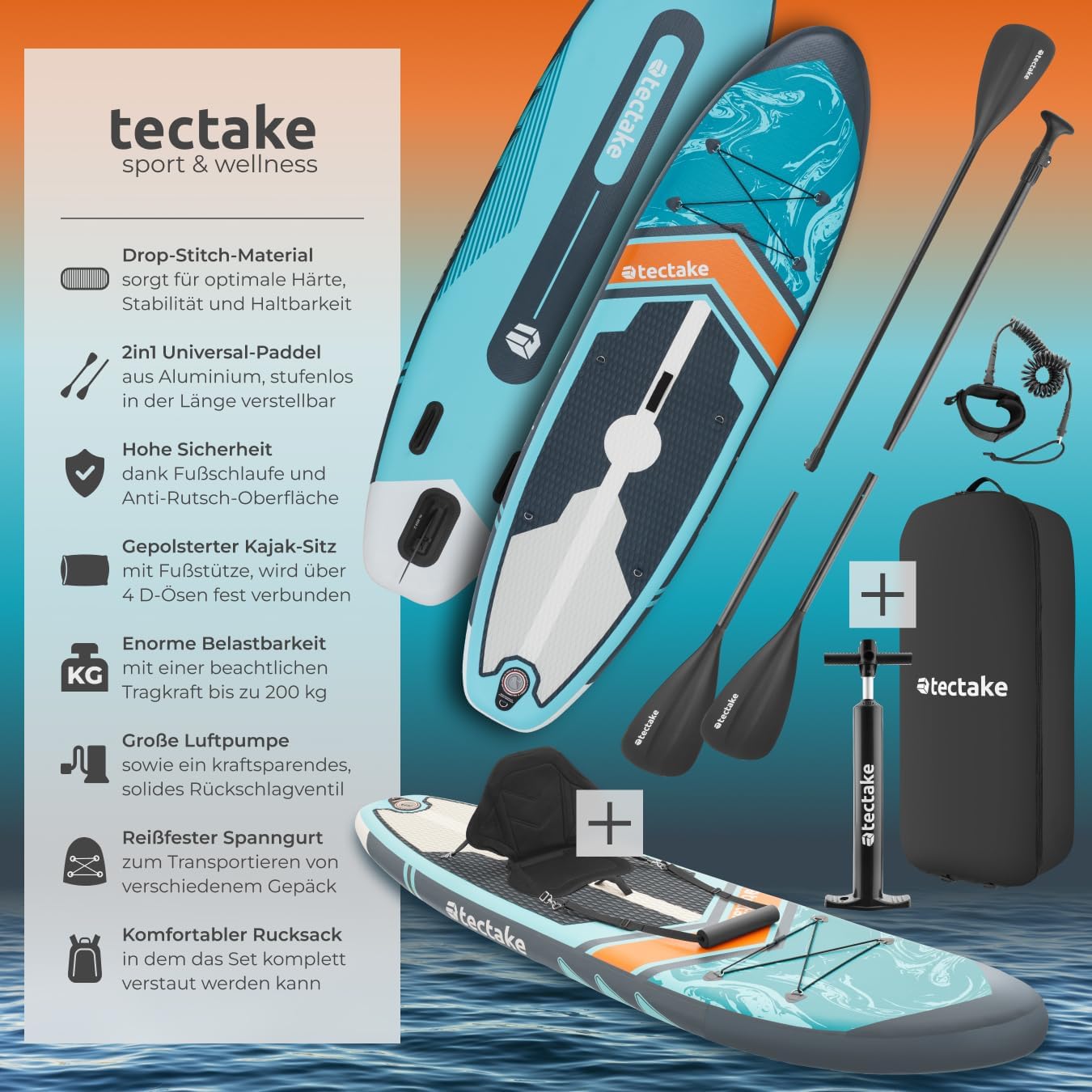 Infographic showing all components of the tectake SUP set