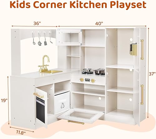 Miniatura 2 de Arlopu Cocina esquinera de madera con luces y sonidos, juego de juguete de cocina con utensilios, horno, microondas, estufa, dispensador de agua