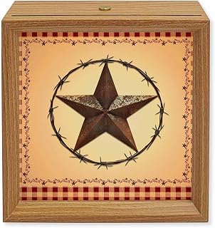 Wood Night Light Box 4.5x4.5in,Country Star Red Plaid Table Lights Wooden Picture Frame with USB Rechargeable Touch LED Lights for Home Decor Desktop Display,Western Texas Farm Style