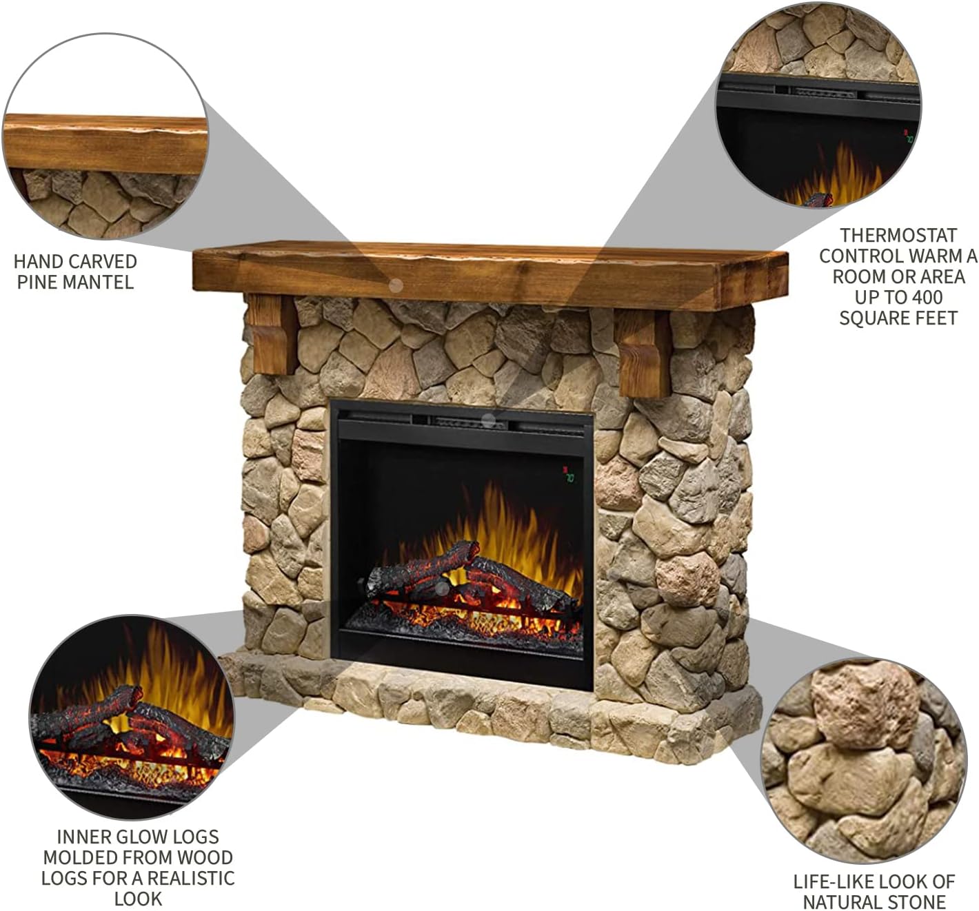 Dimplex Fieldstone Electric Fireplace with Mantel Surround Package | Pine with Natural Stone-Look, 26" - #GDS28L8-904ST