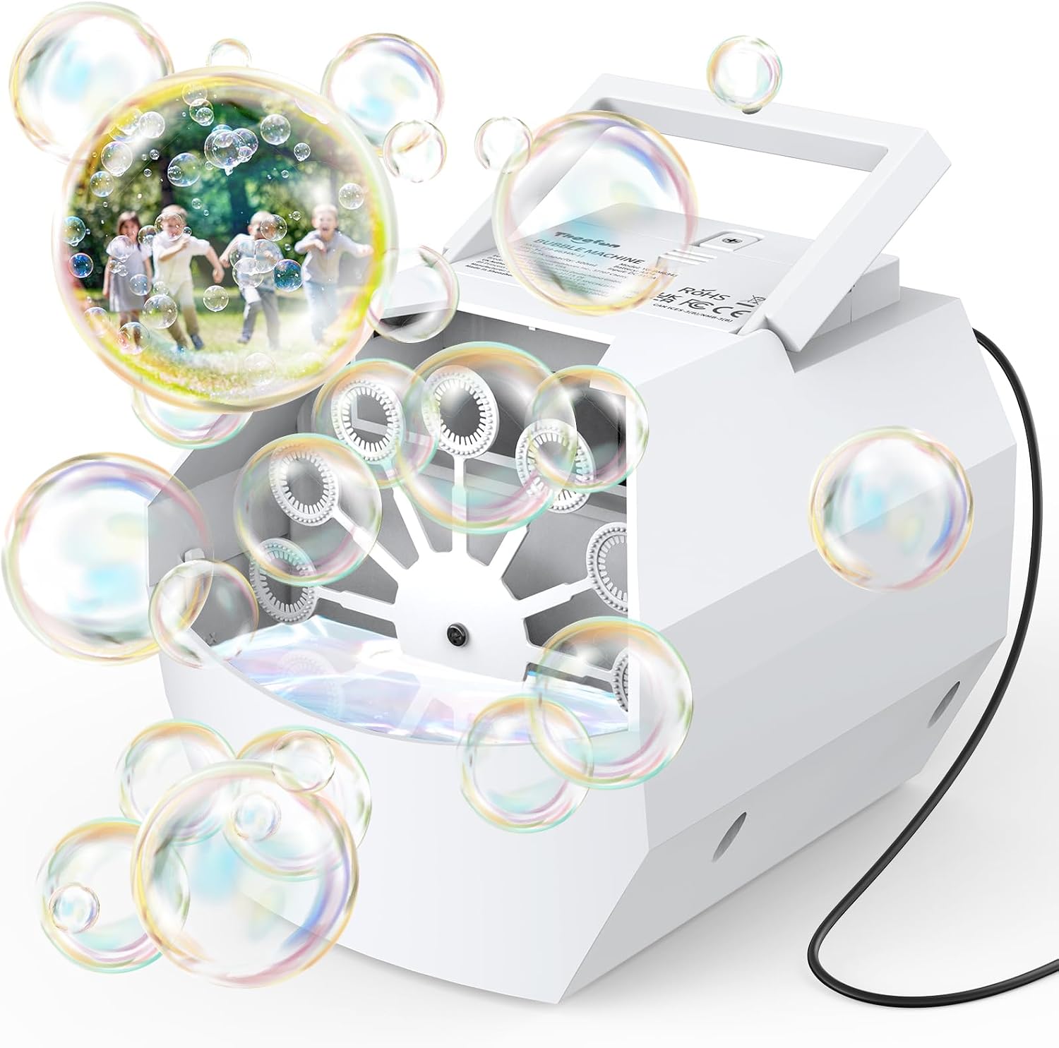 Theefun Portable Bubble Machine, Automatic Bubble Machine Children 500 ml Soap Bubbles Machine 1500+ Bubbles/Min Professional Bubble Machine for Birthday, Party, Wedding (White)