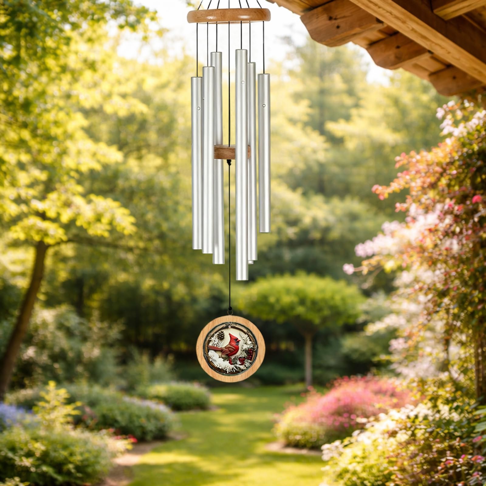 Nowoczesne dzwonki wietrzne Cardinal Outdoor Memorial, srebrna rura aluminiowa, 86 cm, 4,5 cala/11,4 cm ozdobna ozdoba, drewniana pętla do ogrodu, na patio, do domu