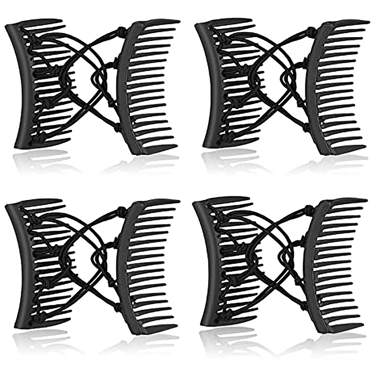KASTWAVE 4 Pieces Stretchy Double Comb Hair Clip Adjustable Elastic Hair Comb No Crease Hair Pins Hair Accessories for Women Curly Thick Wavy Hair Ponytail (Black)