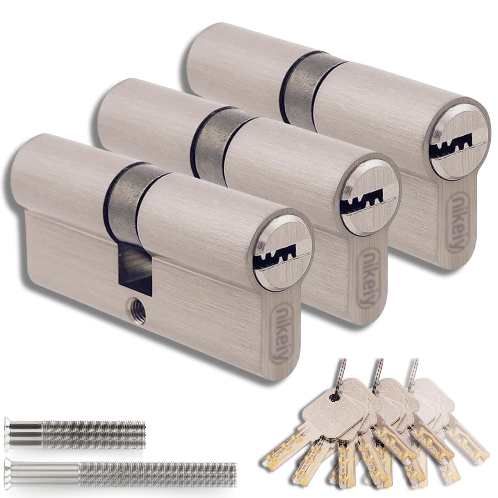3er-Set: Gleichschließende Messing-Doppelzylinder 30/30 mm (60 mm), ein Schlüssel für alle Zylinder, inkl. Schlüssel und Schrauben, für Haus- und Garagentüren