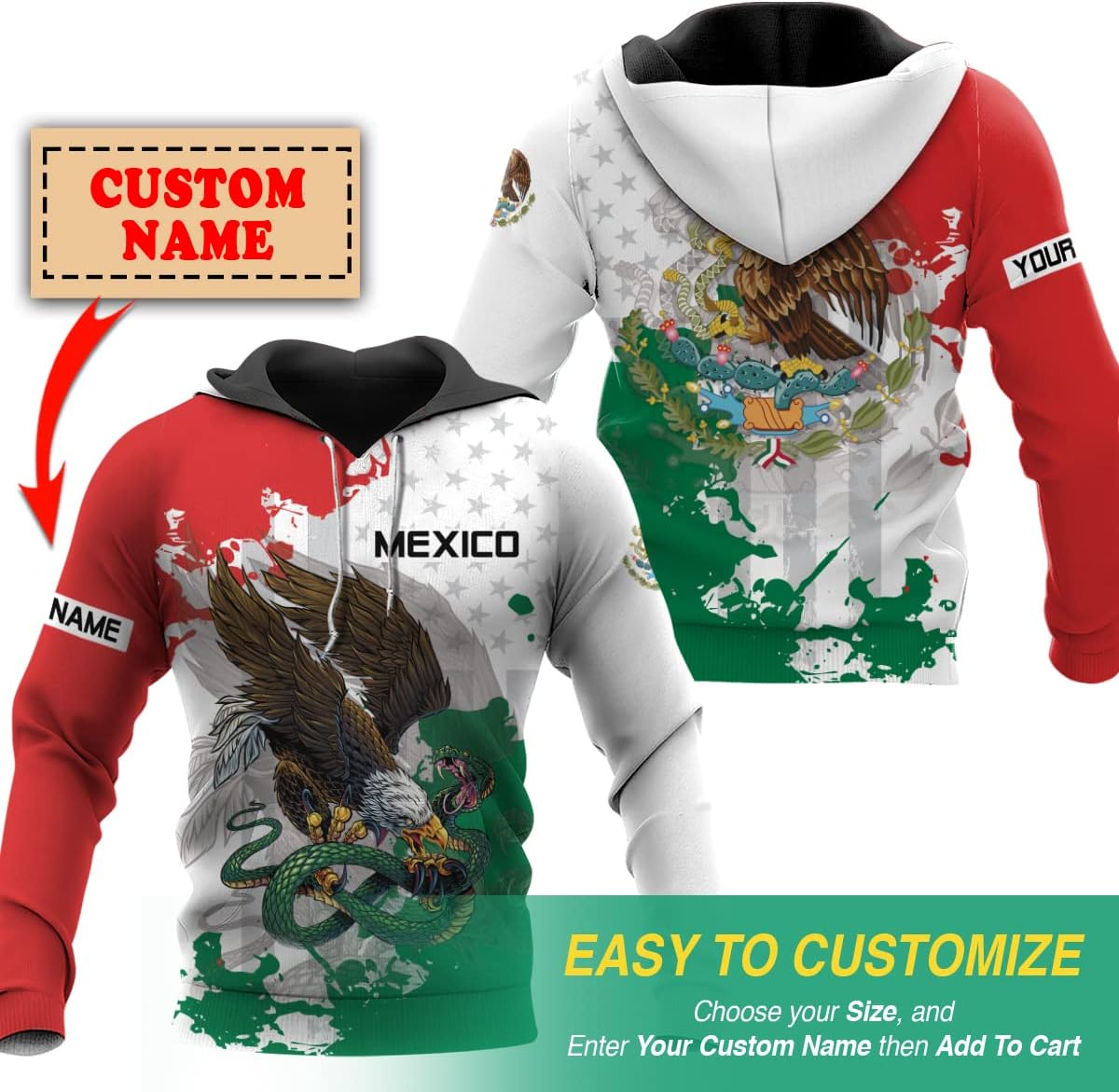 Personalized Mexican Hoodie, Custom Name Mexican Eagle, Playera De Mexico, Custom Name Azteca Mexicano Hoodie