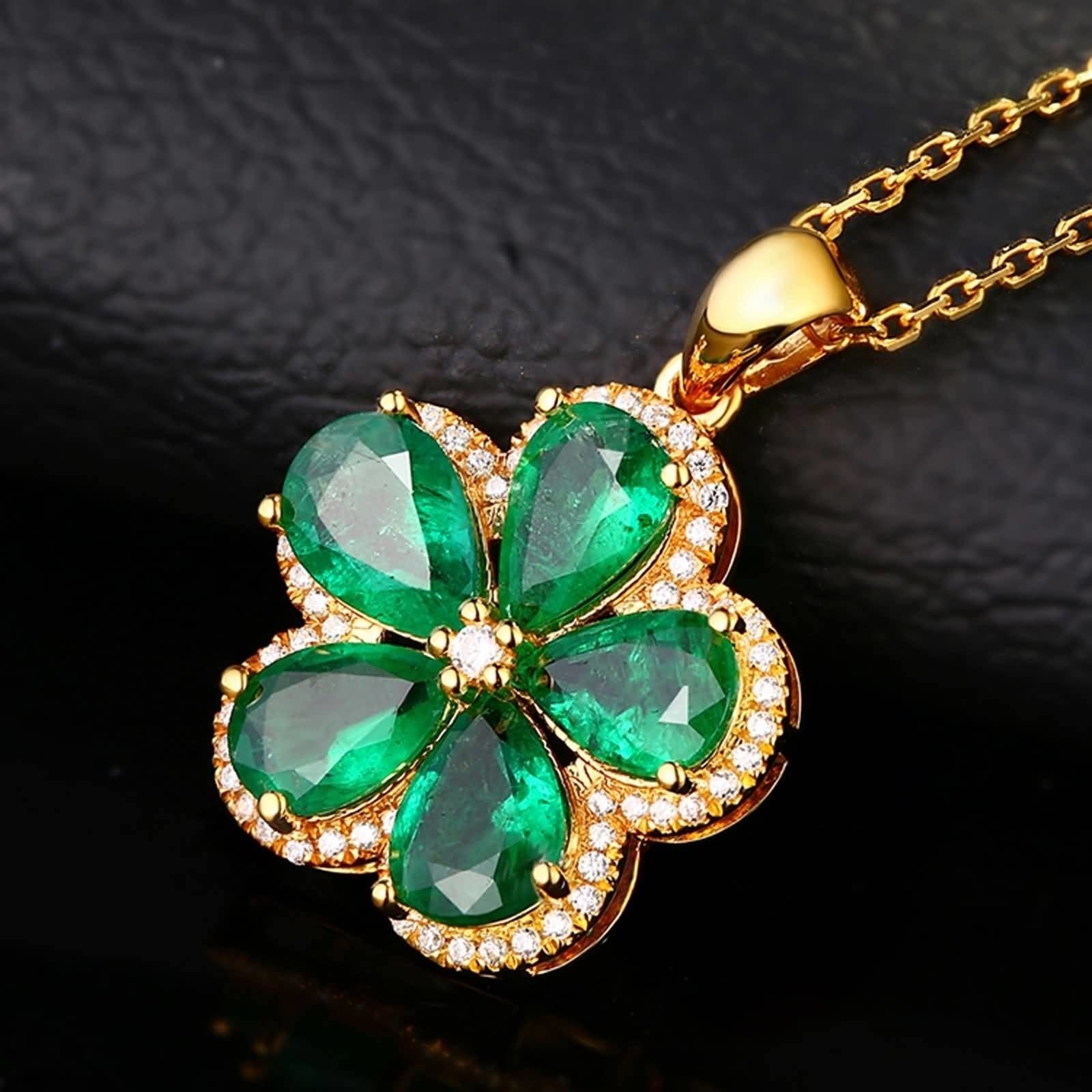 Ciondolo per Collana Oro Vera, Collana Fidanzati Donna con Smeraldo Sintetico 2 Carati e Diamante Sintetico, Gioielli Pietra Portafortuna