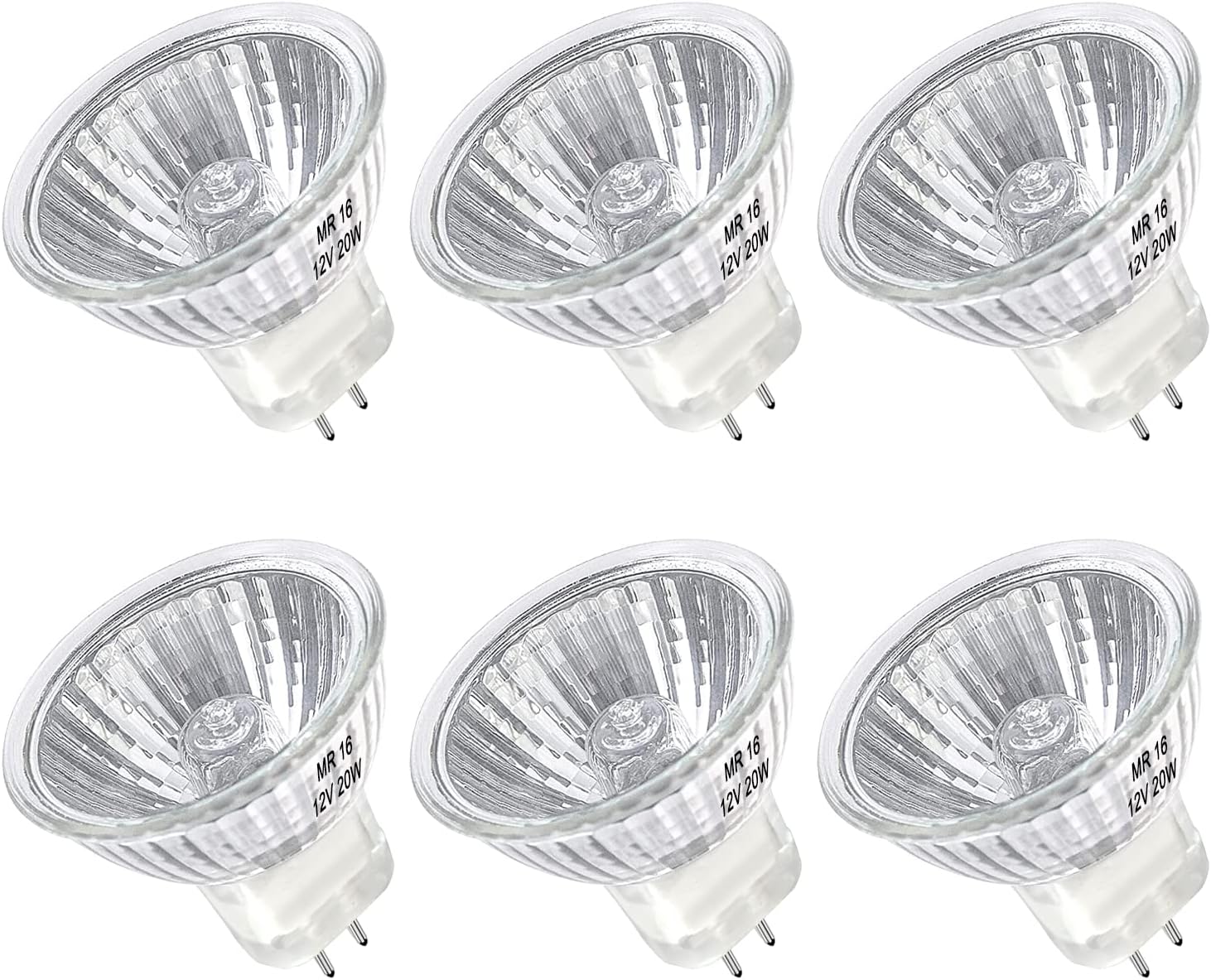 MR16 Halogen Bulb 20W Dimmable 12V GU5.3 Bi Pin Base Spotlight with Long Lifespan, 2700K Warm White MR16 Bulbs with Clear Glass Cover for Landscape, Track Lights, Fiber Optics, Desk Lamps, 6 Pack