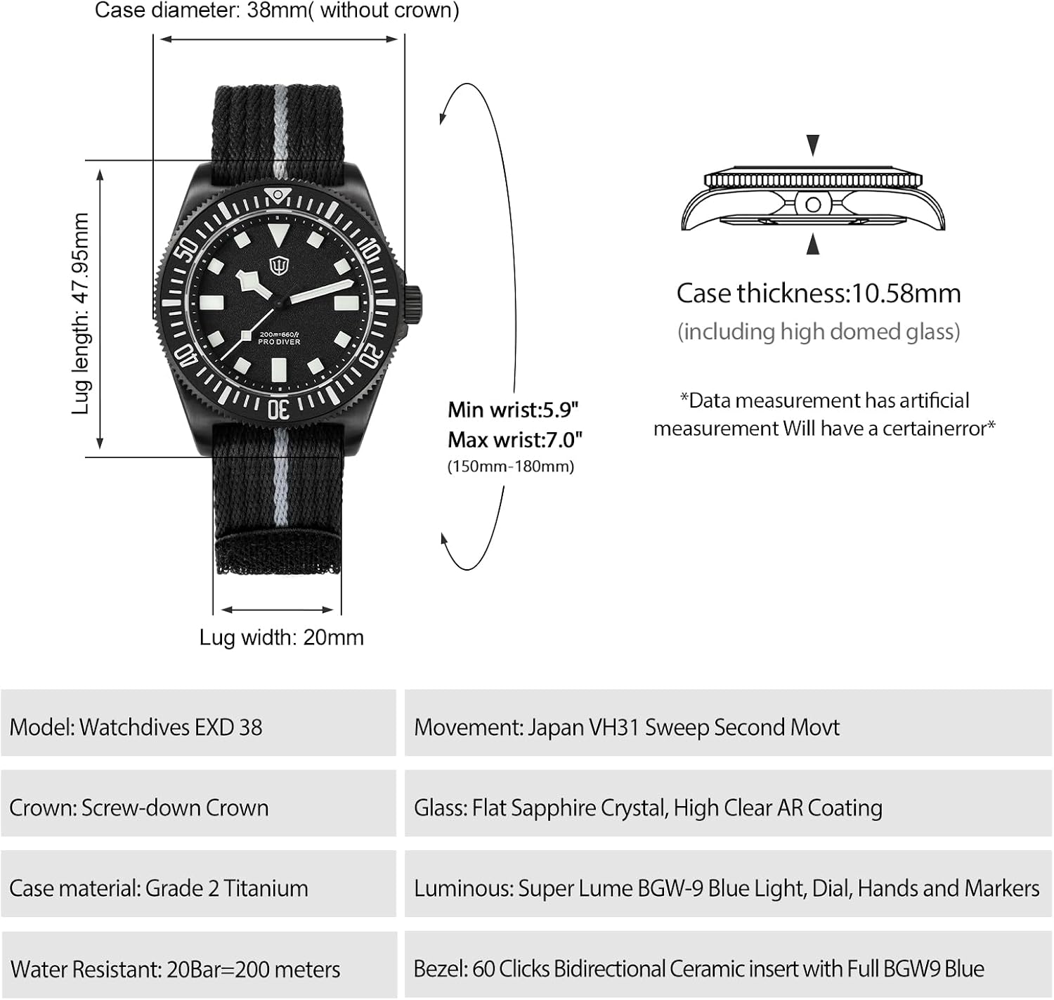 watchdives 38mm EXD Titanium Diver Watch Japan VH31 Sweep Second Quartz Watches Sapphire Crystal Wristwatch Analog Luminous Waterproof Watch for Men