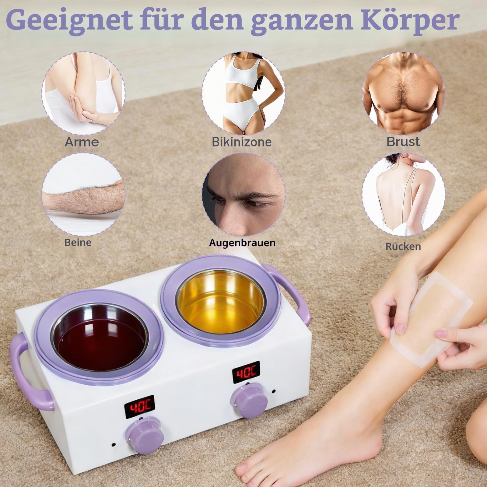 Dualer Wachserhitzer mit elektronischem Display, 2x500ML Gesamtkapazität, Doppelwachs-Topf, 220 W Wachserhitzer zur Haarentfernung mit einstellbarer Temperatur, ideal für Zuhause, Salon