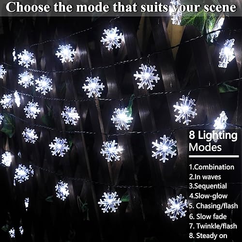 Miniatura 6 de Guirnalda de luces solares de copo de nieve para exteriores, brillantes y de larga duración, 50 luces LED solares de Navidad al aire libre,
