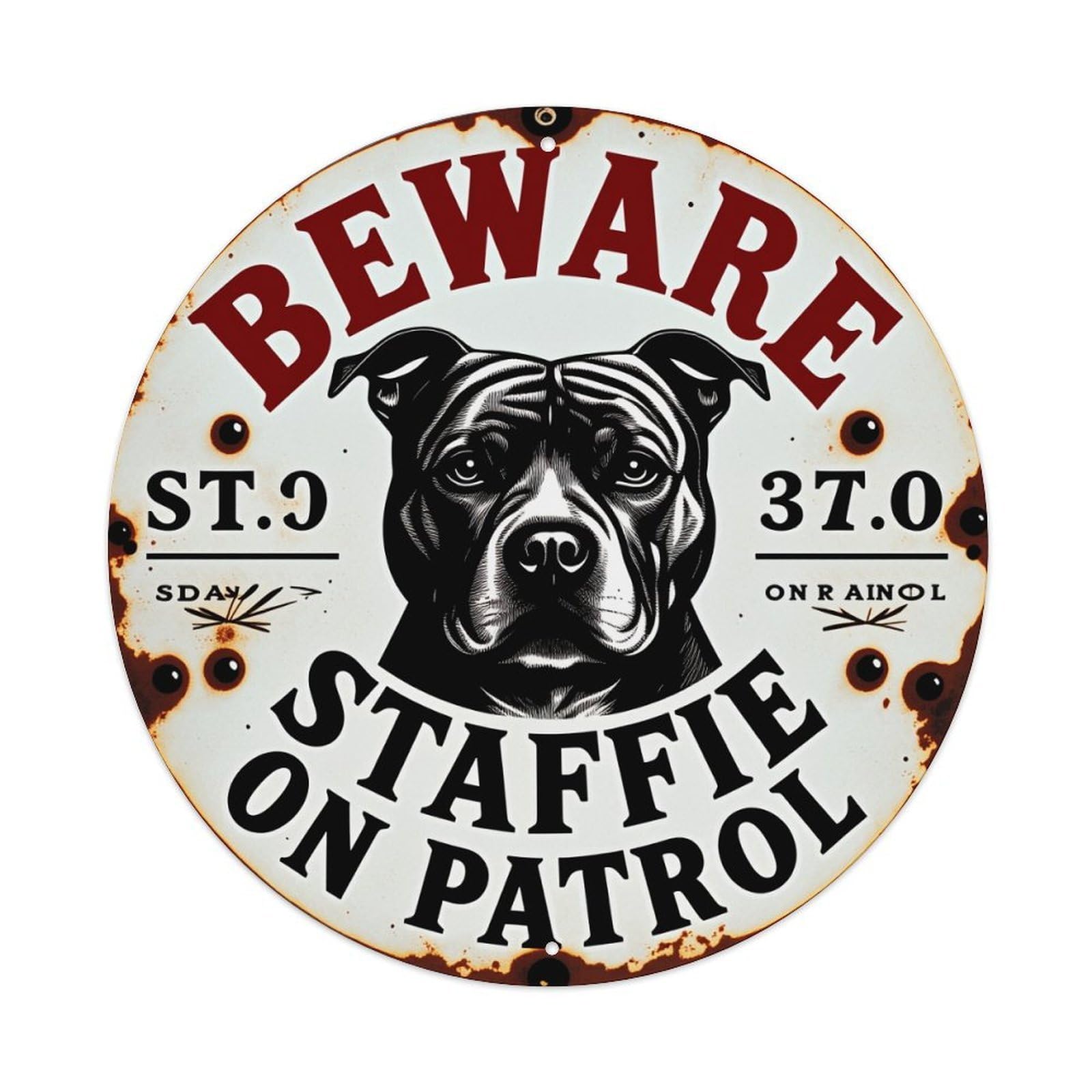 Beware Staffie On Patrol Sign Metal Tin Sign Vintage Garden Bedroom Cafe Bar Man Cave Home Wall Decor Metal Poster 8x8 inches