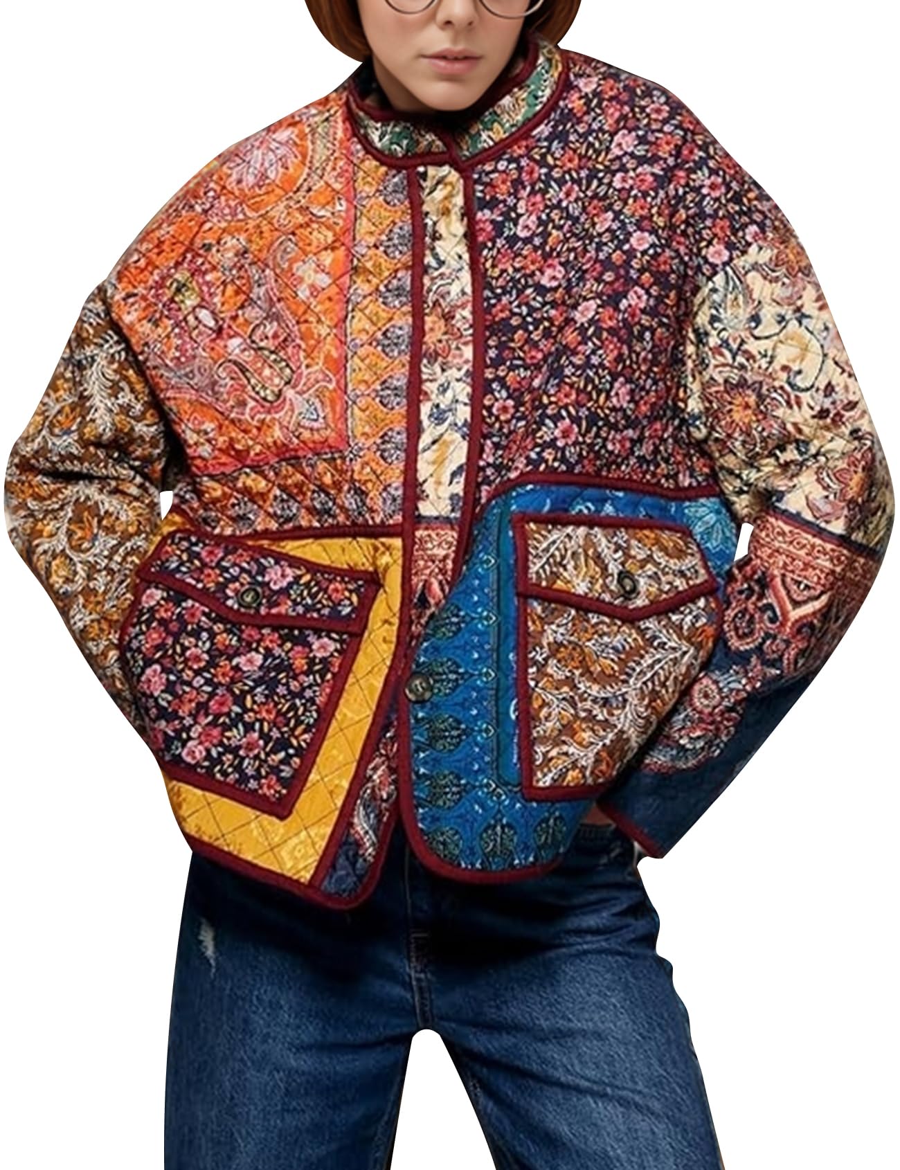 Eisctnd Chaqueta corta acolchada floral ligera de manga larga acolchada con botones y cuernos para mujer
