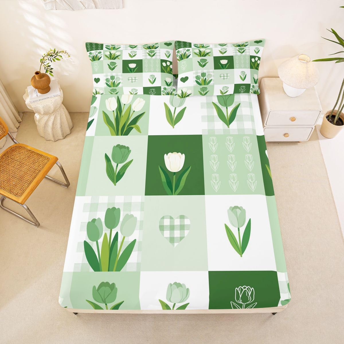 Castle Fairy Tulip Flowers Adults Fitted Sheet Queen Size,Patchwork Plaid Bed Sheet for Kids Boys Girls Rustic Farmhouse Nature Bed Cover with 2 Pillowcases(No Top Flat),Green Cyan