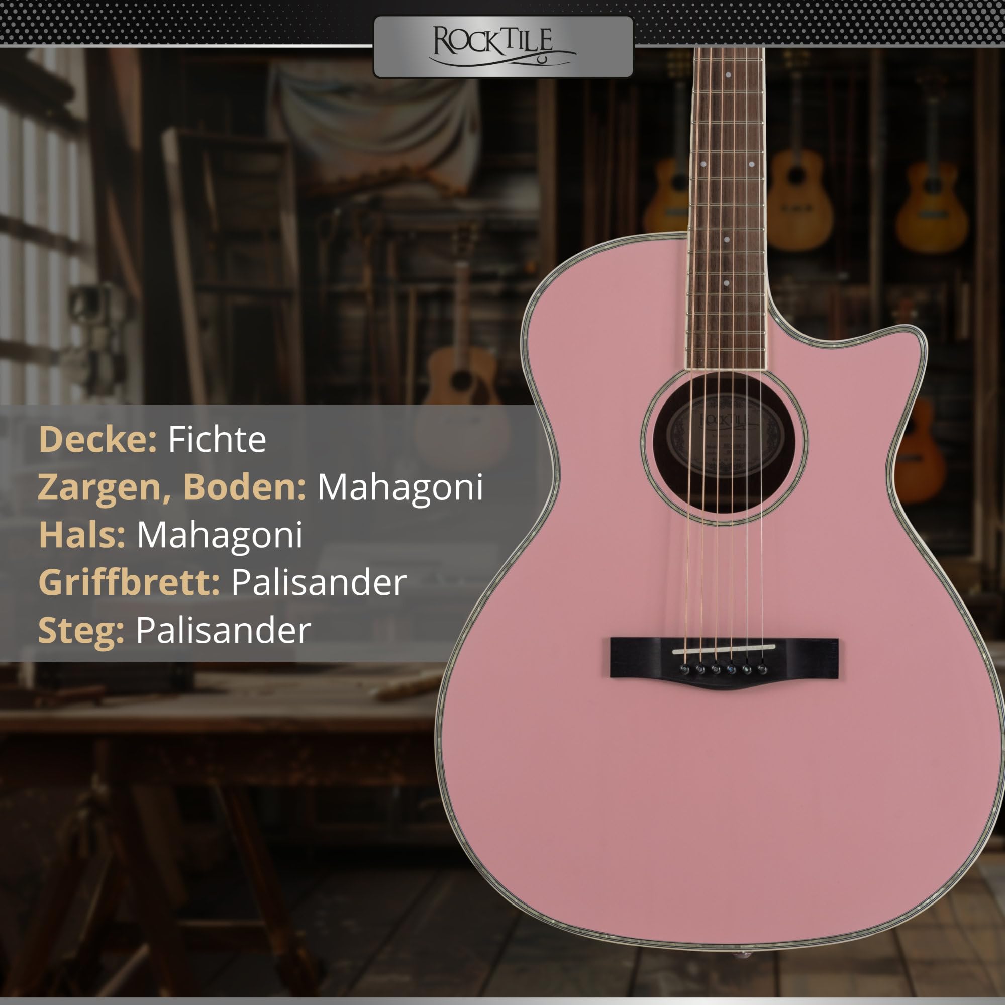 Rocktile WSC-150C-PK Westerngitarre - 6-saitige Grand Auditorium Akustikgitarre mit Cutaway - massive Fichtendecke & Mahagoni-Korpus - Palisandergriffbrett - Gloss Finish - Pink