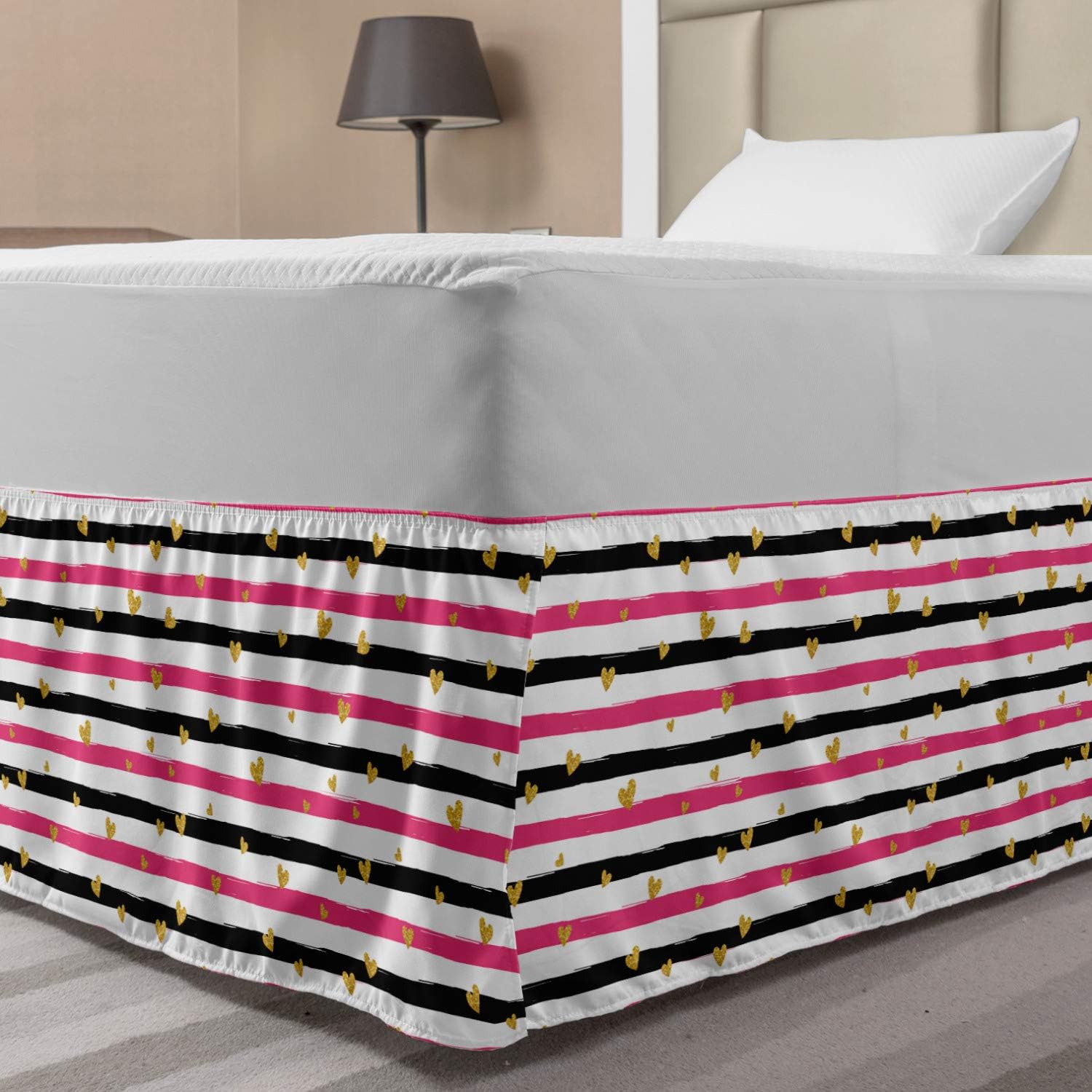 Lunarable Valentines Day Bed Skirt, Romantic Teenager Love Sign Hearts on Grunge Stripes Lines, Elastic Bedskirt Dust Ruffle Wrap Around for Bedding Decor, Twin/Twin XL, Hot Pink Black and White
