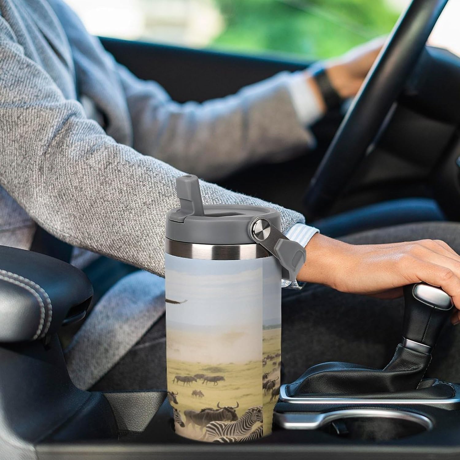 30 Oz Insulated Mug with Handle Lid And Straw Grassland Animal Migration Pattern Large Metal Sports Bottle Great for Gifts Parties Office Coffee