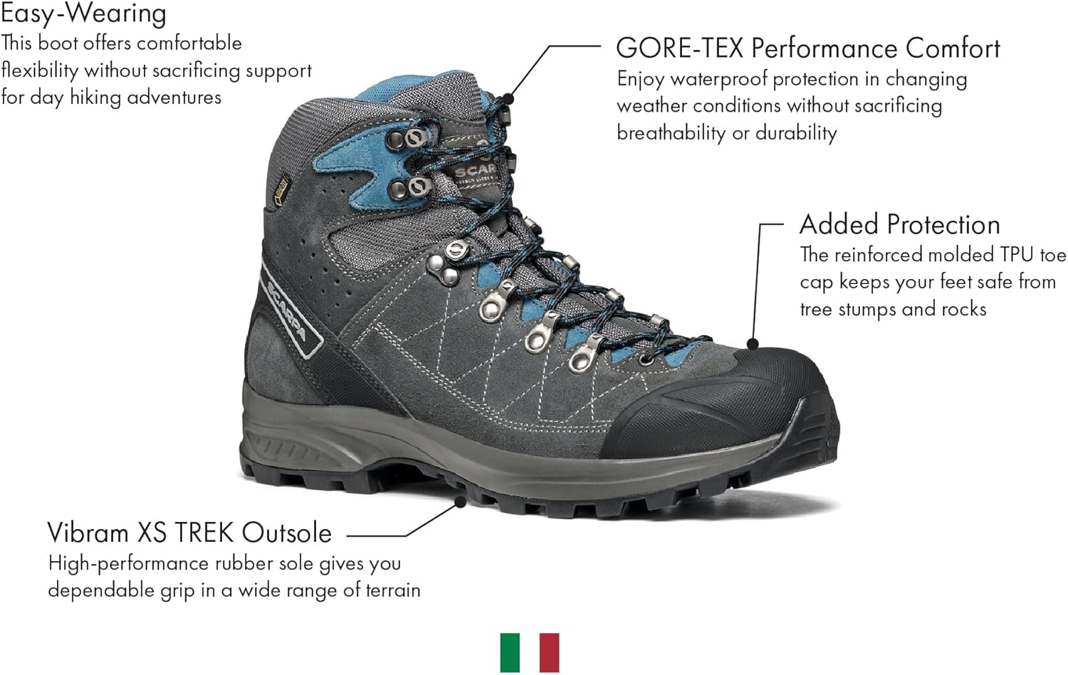 SCARPA Men's Kailash Trek GTX Waterproof Gore-Tex Lightweight Boots for Backpacking & Hiking - Shark Grey/Lake Blue - 7.5-8