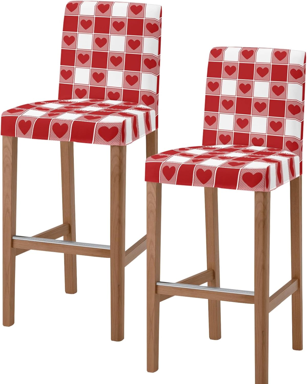 Bar Stool Covers with Backs, Stretch Washable Bar Stool Chair Cover Slipcovers Valentine's Day Red Heart in Red Plaid Removable Counter Stool High Chair Covers for Pub, Dining Room, Cafe, ,Set of 2