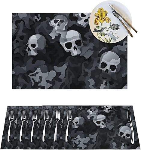 6 PCS PVC Placemats Set Place Mats Black and Gray Camouflage Pattern Non-Slip Weave Place Mats 12" x 18" Farmhouse Durable Table Mat Set for Family