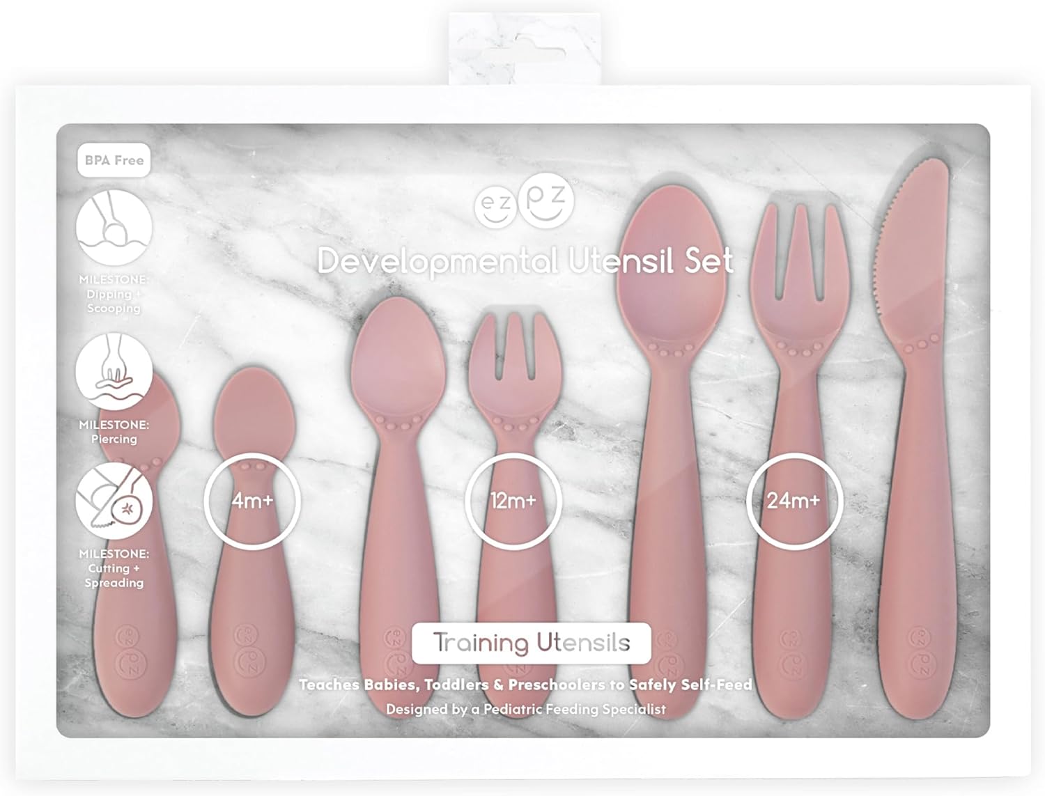 ezpz Developmental Utensil Set (Sage) - 100% BPA Free Fork, Spoon, Knife for Babies, Toddlers and Preschool - First Foods + Self-Feeding - Designed by a Pediatric Feeding Specialist