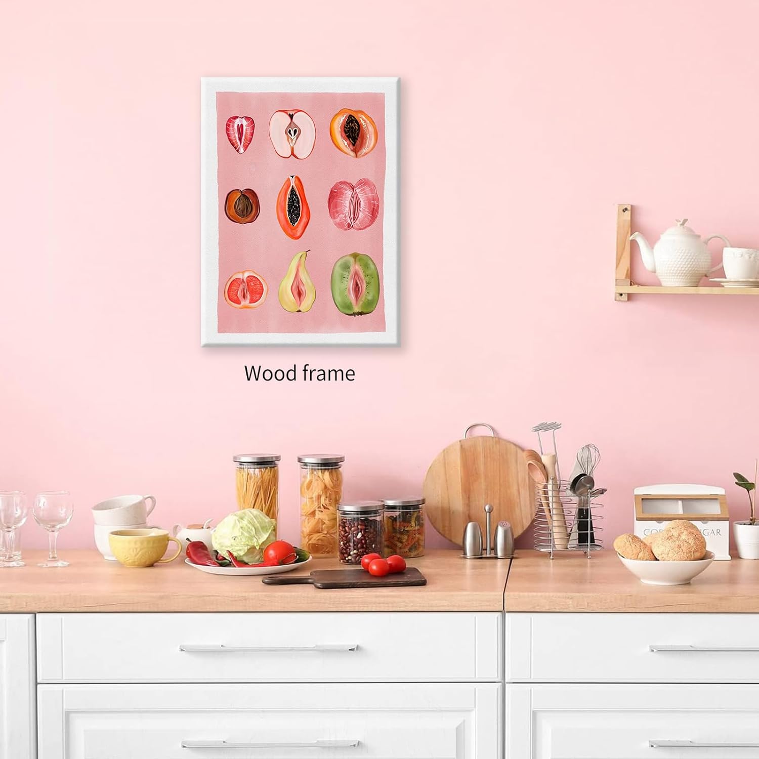 Pink Fruity Sliced Wall Art Vintage Funky Fruit Food Poster Woman Body Positivity Art Prints 12X16 inch Framed Sliced Feminine Paintings Picture for Kitchen Bedroom Wall Decor
