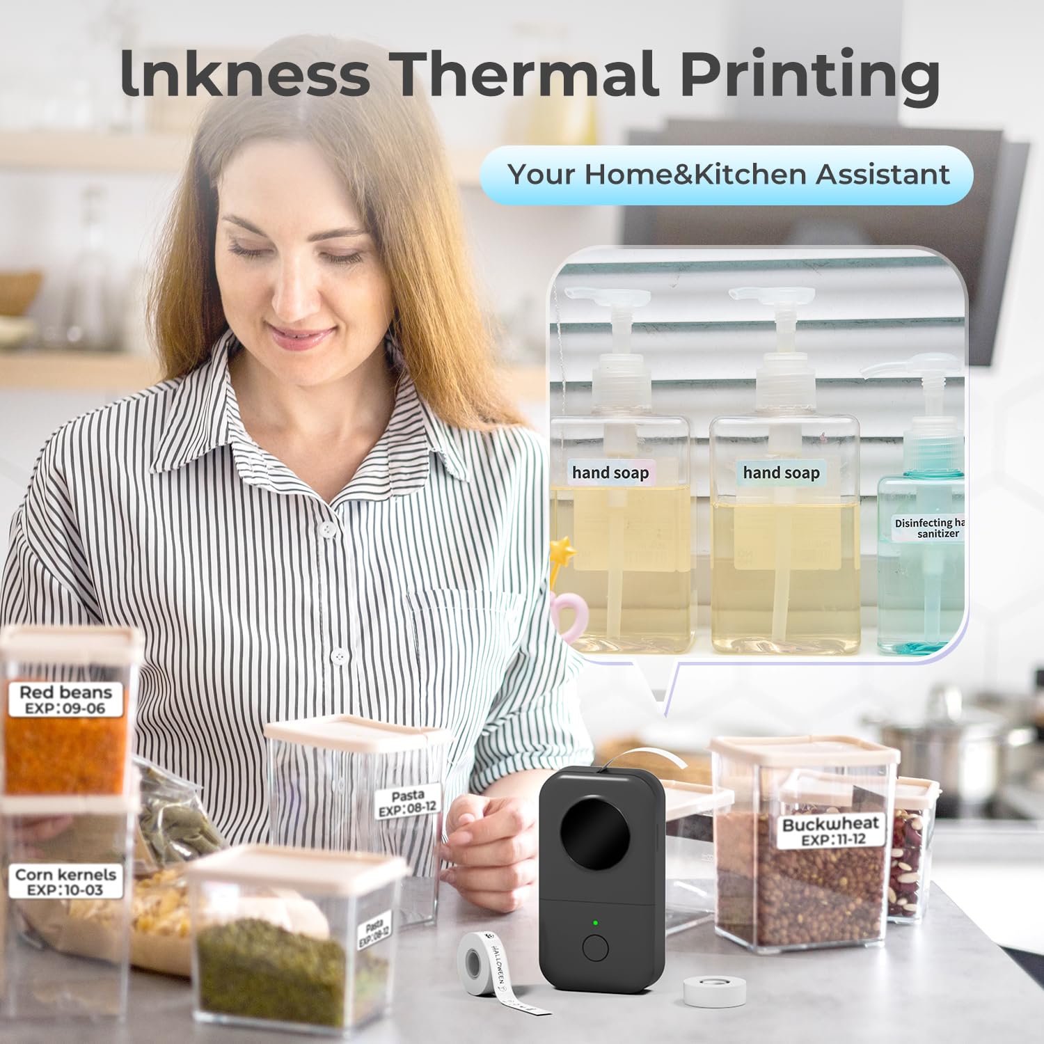 Phomemo D30 Etikettendrucker - Mini Etikettiergerät Beschriftungsgerät Selbstklebend Bluetooth Label Printer mit 5 Rollen etikettenpapier Geschenkbox,Label Drucker Geeignet für Haushalt und Büro-Grau