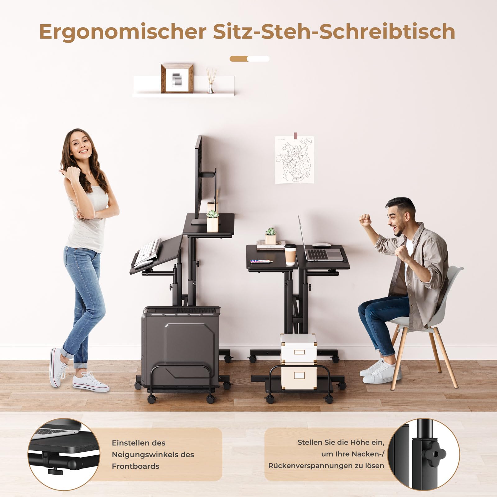 Dripex 60 x 60 cm, scrivania regolabile in altezza, scrivania mobile per computer con 4 ruote, tavolo per computer portatile, tavolo inclinabile, per casa, ufficio, nero