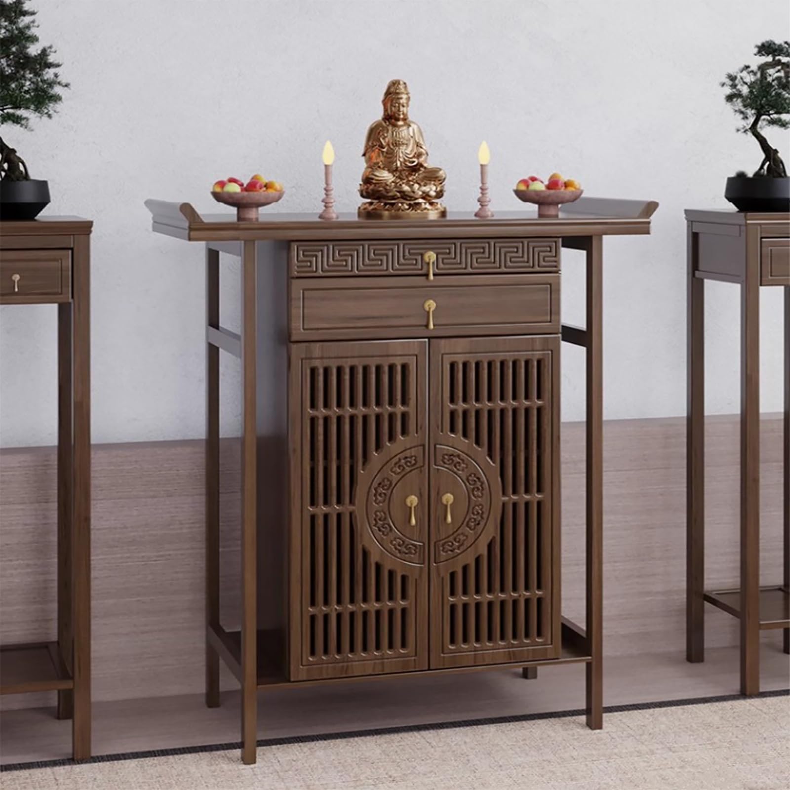 JNTFNE Chinese Personal Shrine Altar, Meditation Altar Table with Pull-Out Storage Board, Bamboo Pooja Cabinet Prayer Table, for Prayer, Divination, and Worship(Brown,100cm/39.4in)