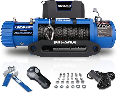 REINDEER New 12V Winch 13000 lb Load Capacity Electric Winch Synthetic Rope with Hawse Fairlead Waterproof IP67 with Wireless Handheld Remotes